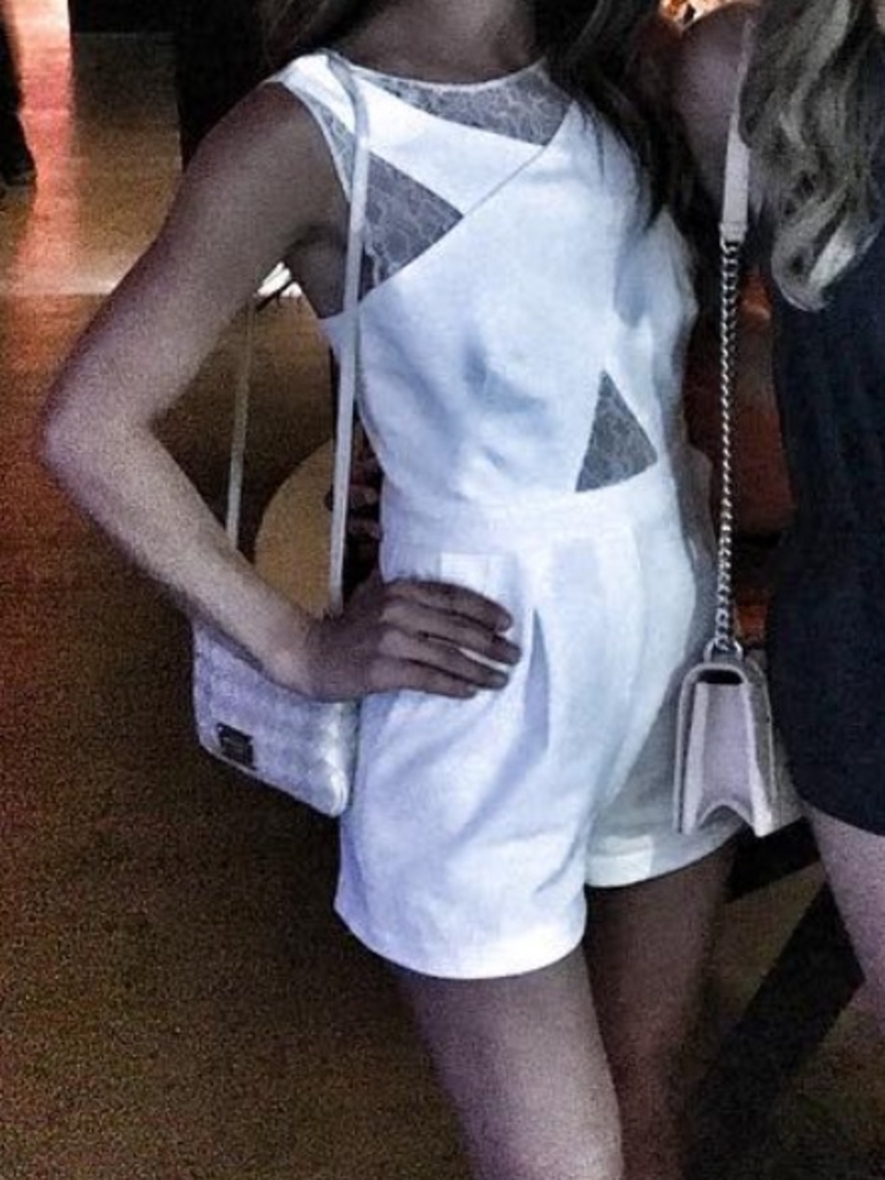 BCBG white lace romper with pockets